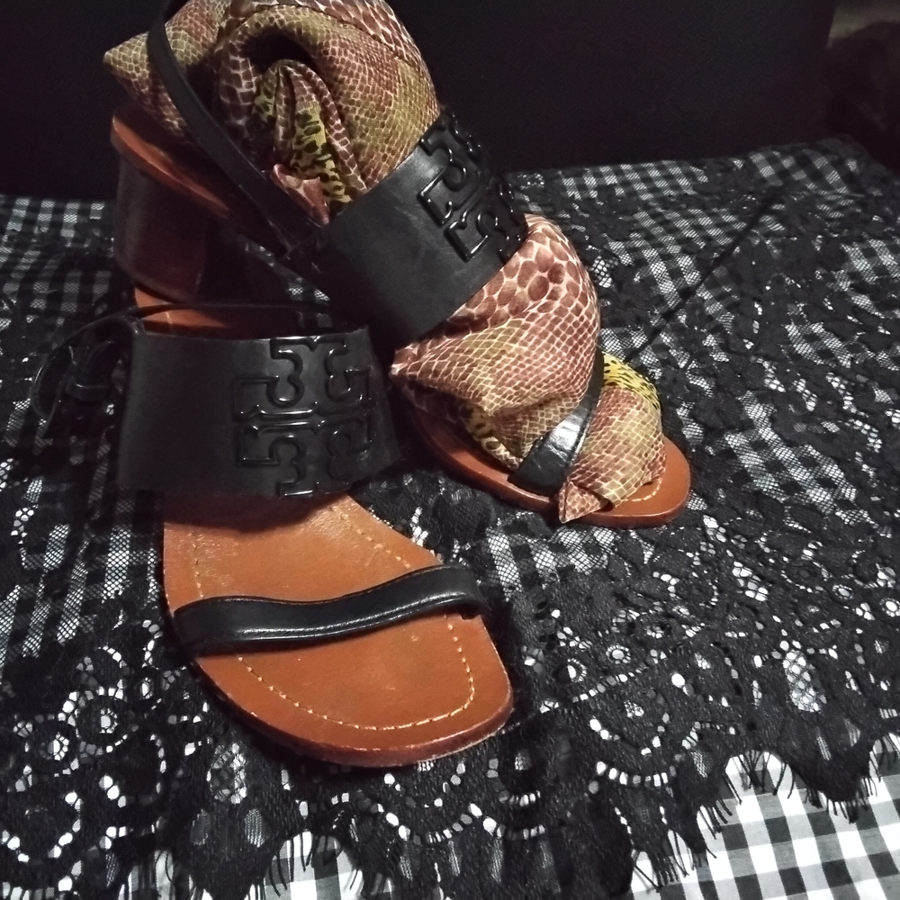 Tory Burch Black and Tan Snake Print Sandals